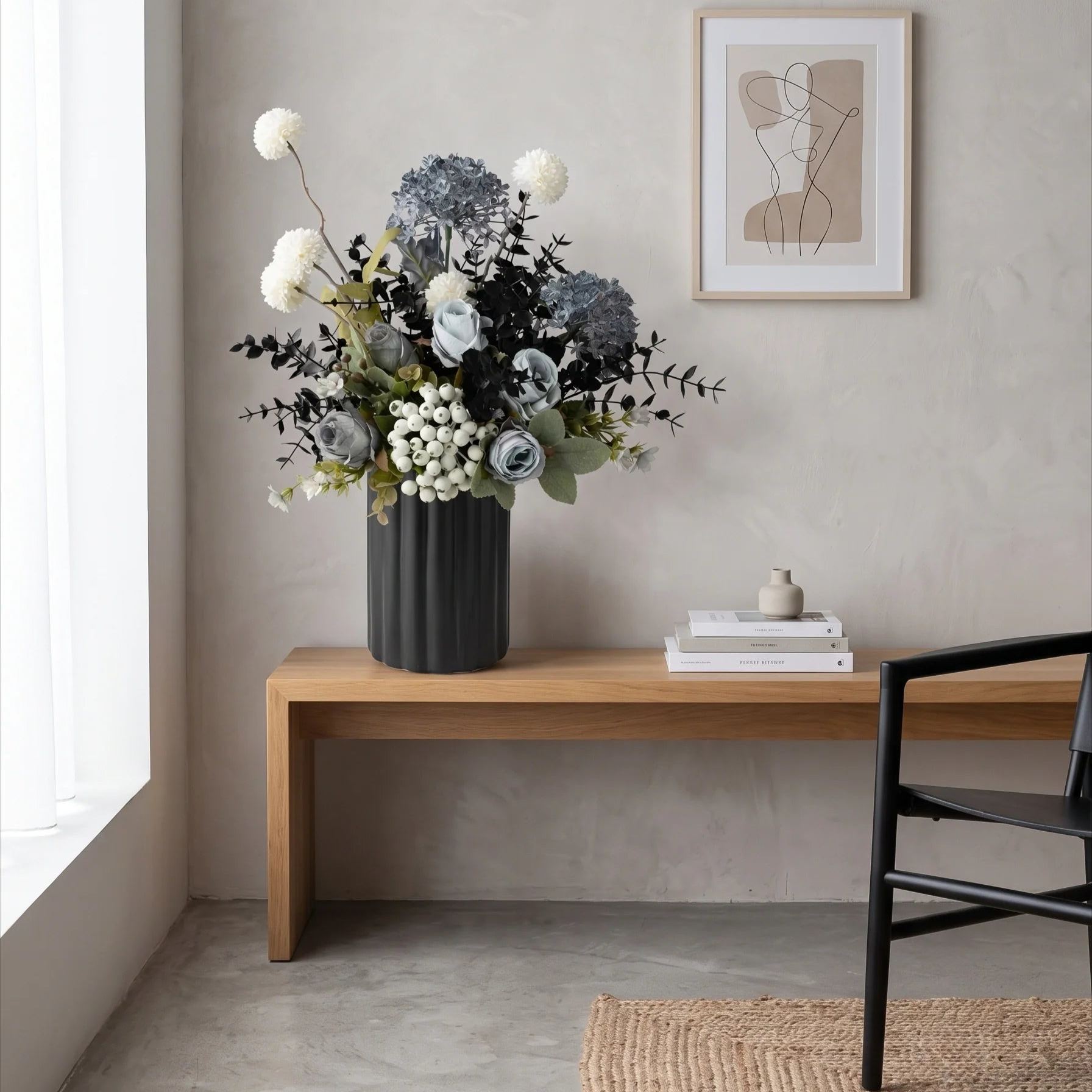 Faux Floral Arrangement - Blue & White Blooms with Dark Foliage