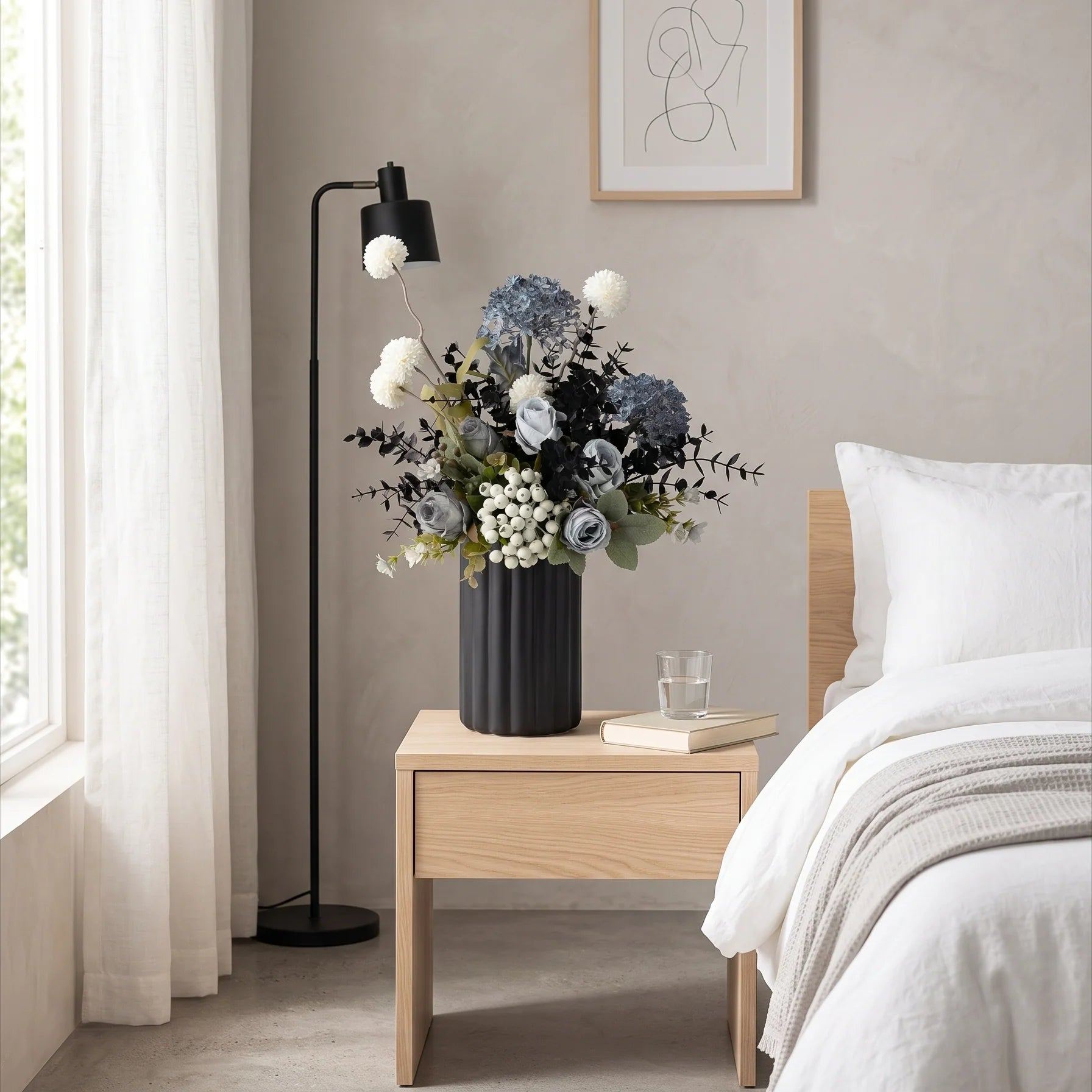 Faux Floral Arrangement - Blue & White Blooms with Dark Foliage
