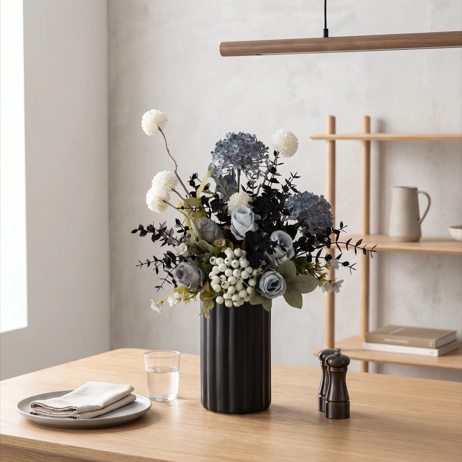 Faux Floral Arrangement - Blue & White Blooms with Dark Foliage