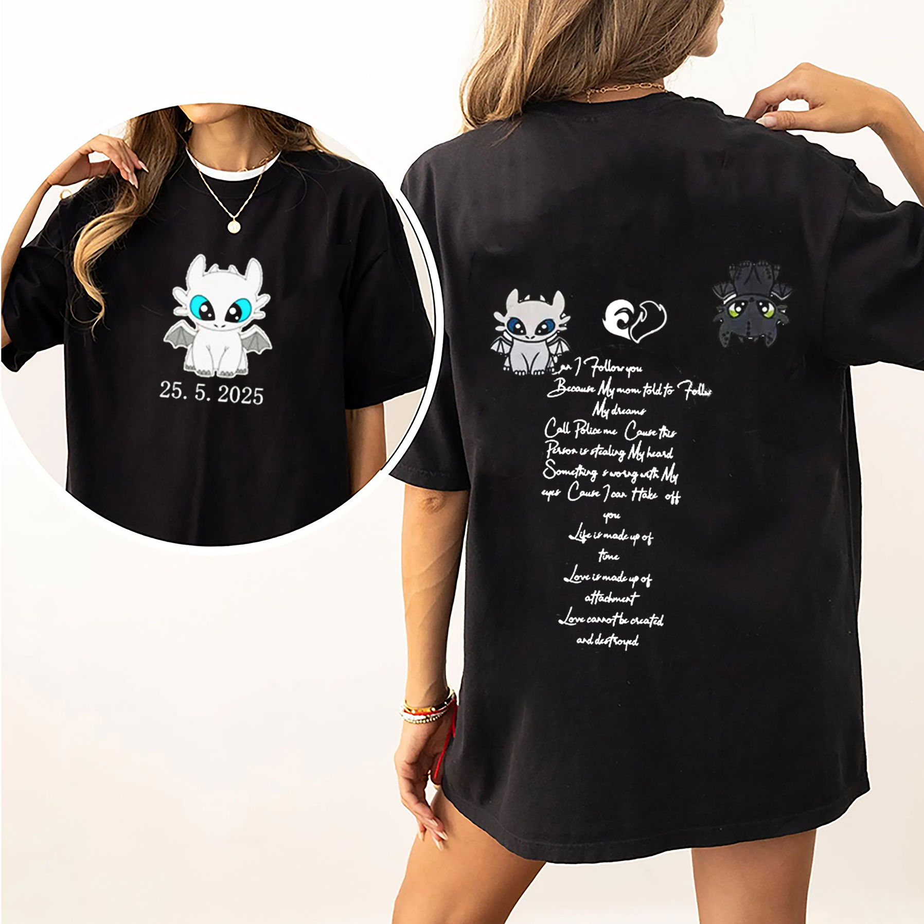 Dragon's Lovely Characters Couples Embroidery T-Shirt