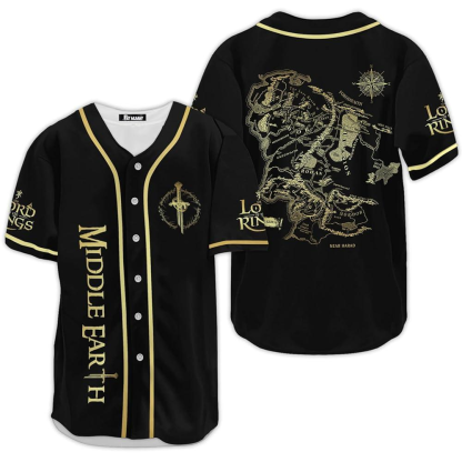 Black Baseball Jersey Featuring Middle-earth Map Design