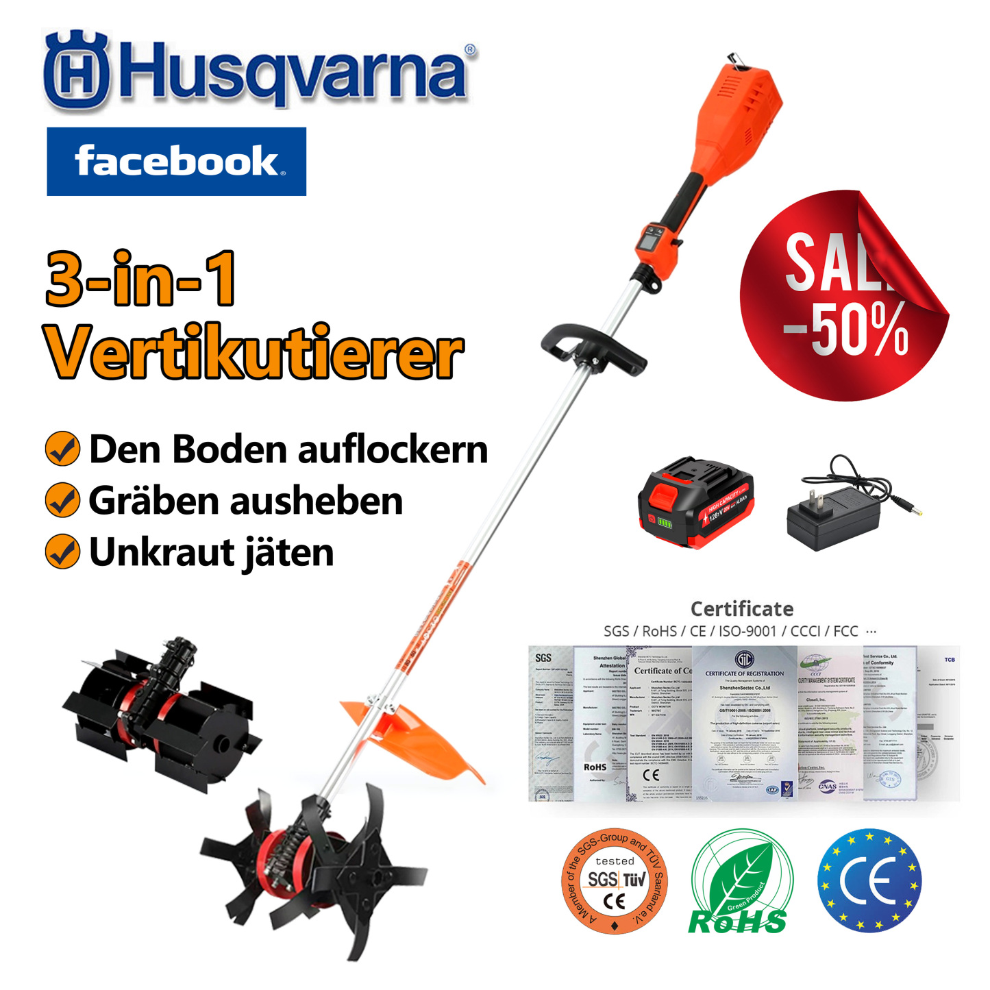 AT-Handgeführter kabelloser Vertikutierer mit Lithium-Akku, ein 3-in-1-Gartengerät mit den Funktionen Vertikutieren, Gräben ausheben und Unkraut jäten!