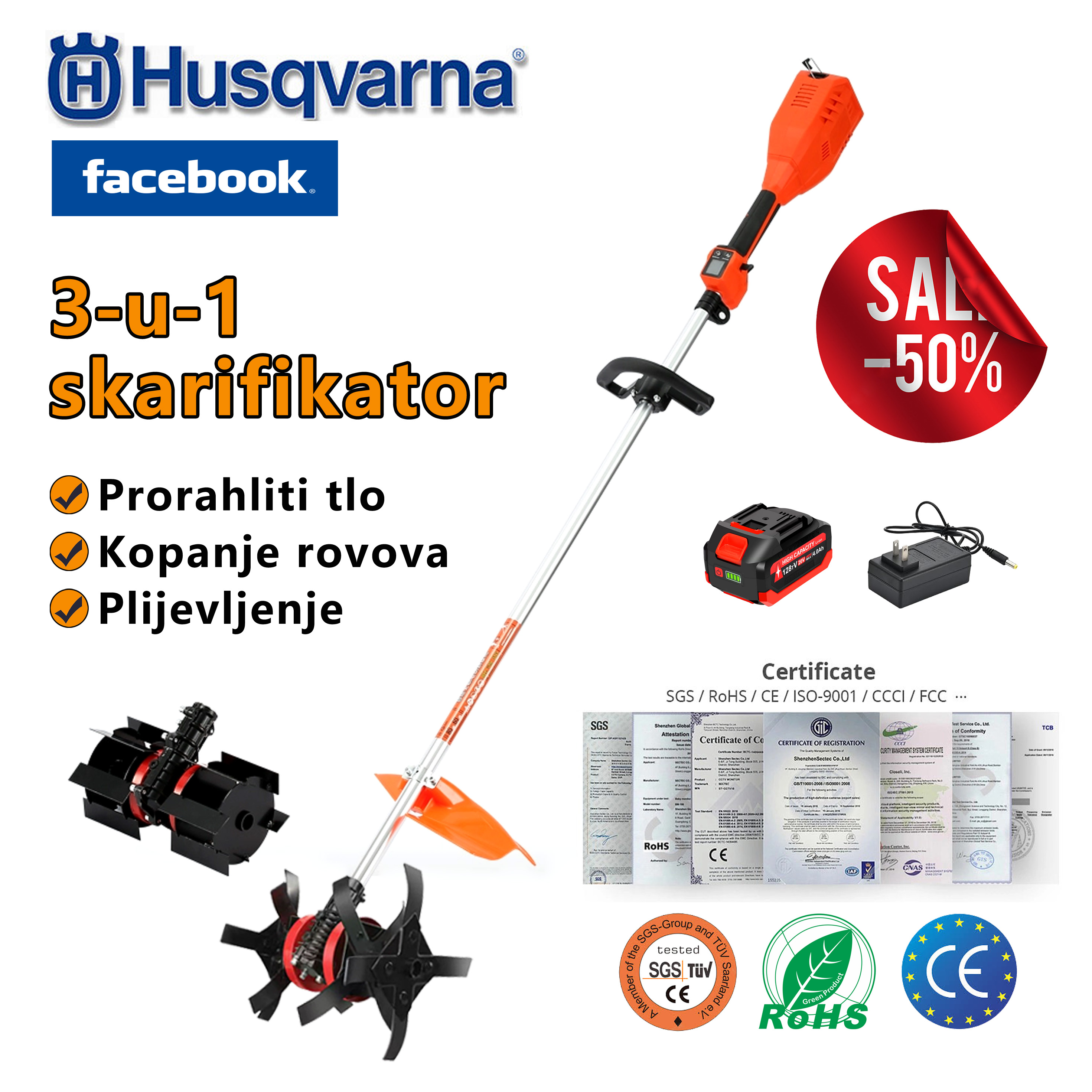 HR-Ručni bežični skarifikator s litijumskim baterijama, vrtlarski alat 3-u-1 s funkcijama skarifikacije, kopanja rovova i plijevljenja!