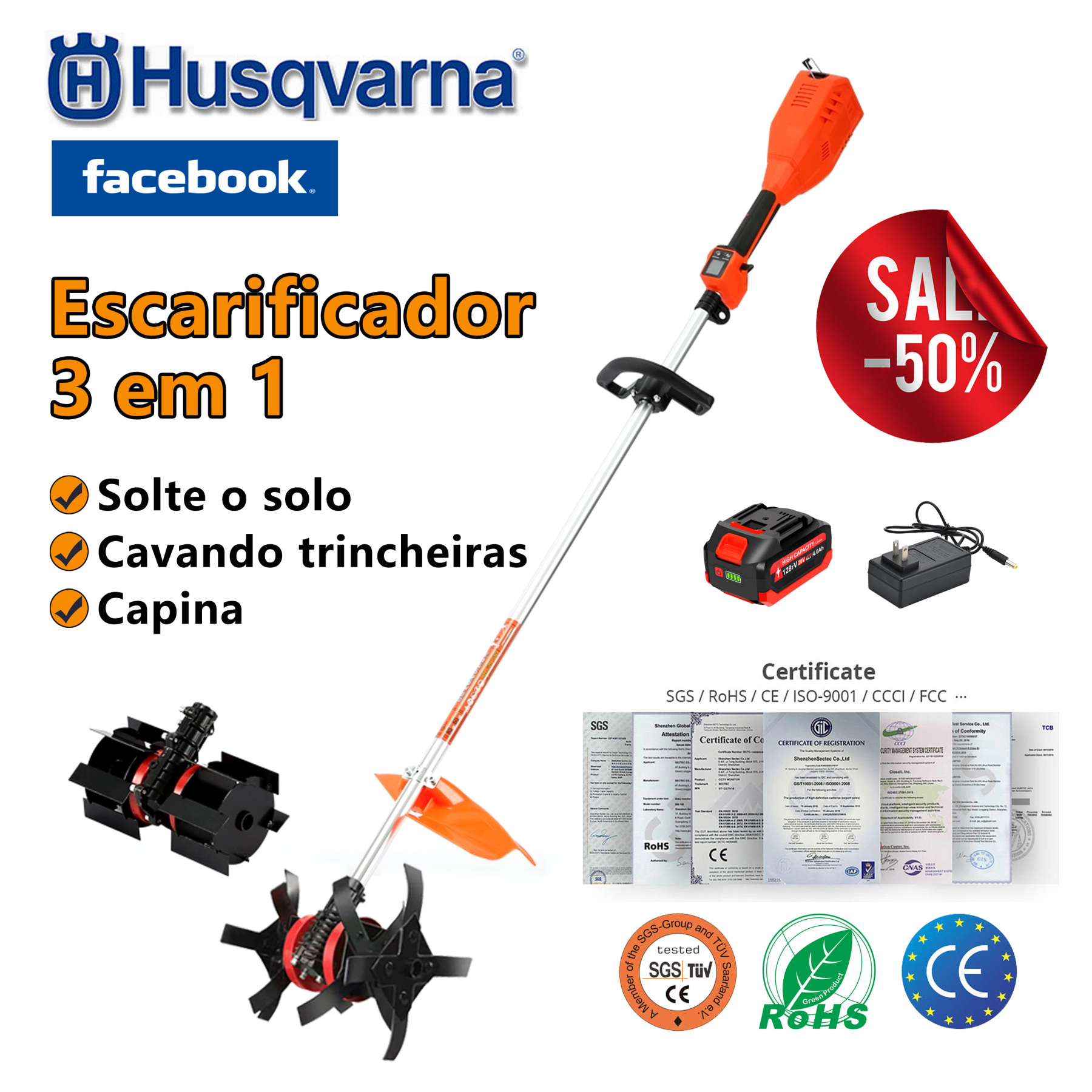 PT-Escarificador portátil sem fios com bateria de lítio, uma ferramenta de jardinagem 3 em 1 com funções de escarificar, cavar valas e sachar!