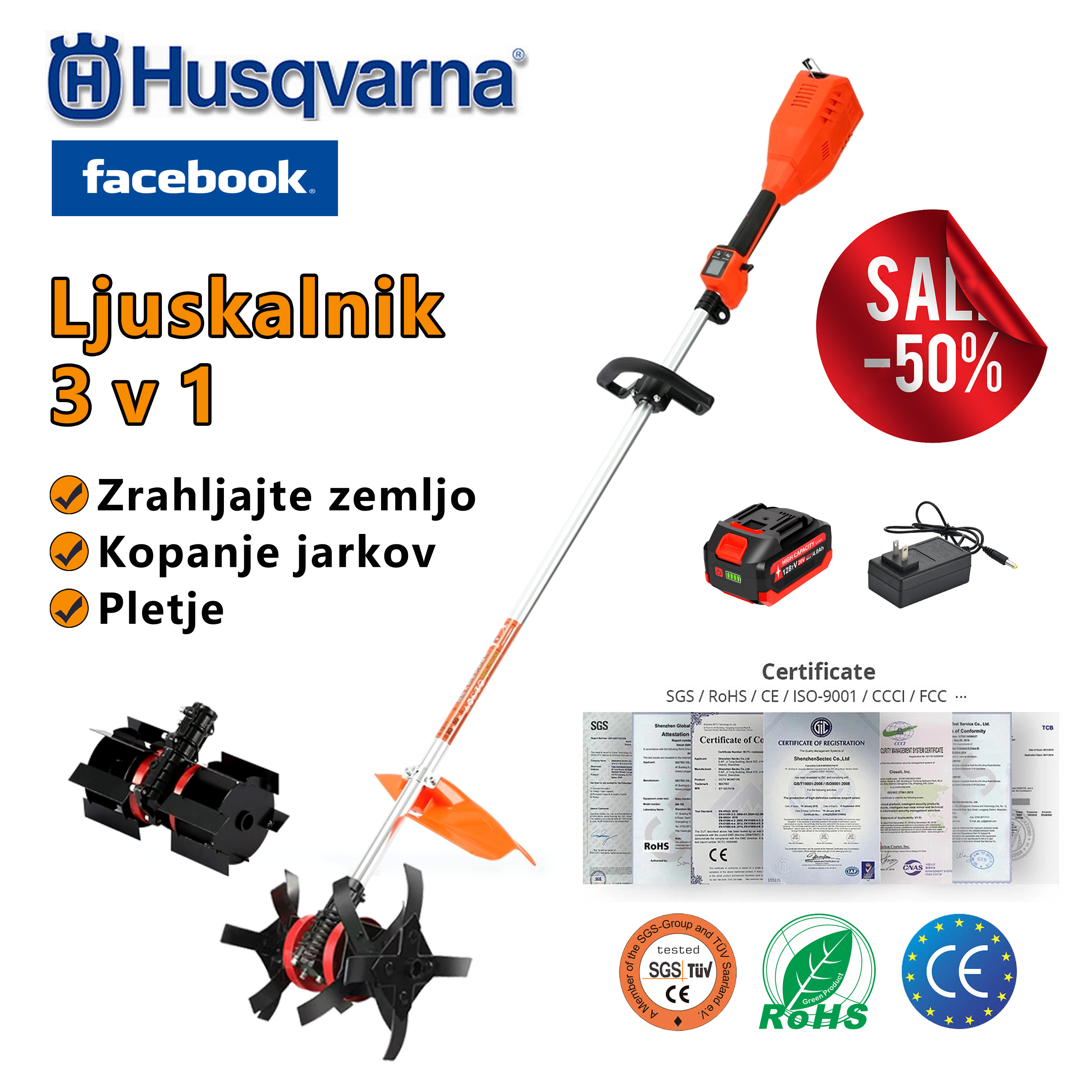 SI-Ročno brezžično luščilo na litijeve baterije, vrtnarsko orodje 3 v 1 s funkcijami luščenja, kopanja jarkov in odstranjevanja plevela!