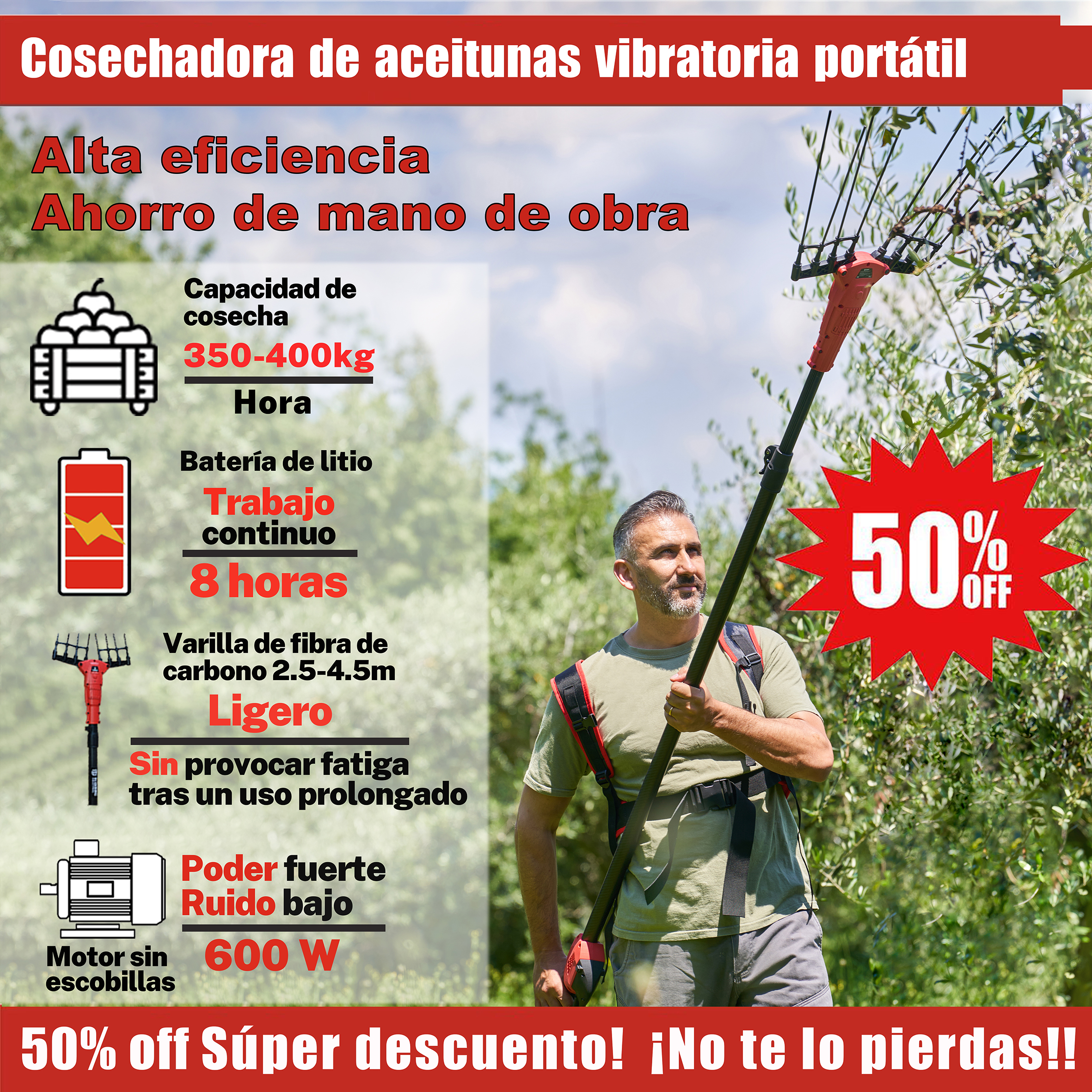 ES_Cosechadora portátil de aceitunas vibratoria con batería de iones de litio, máquina recolectora de fruta que sacude los árboles