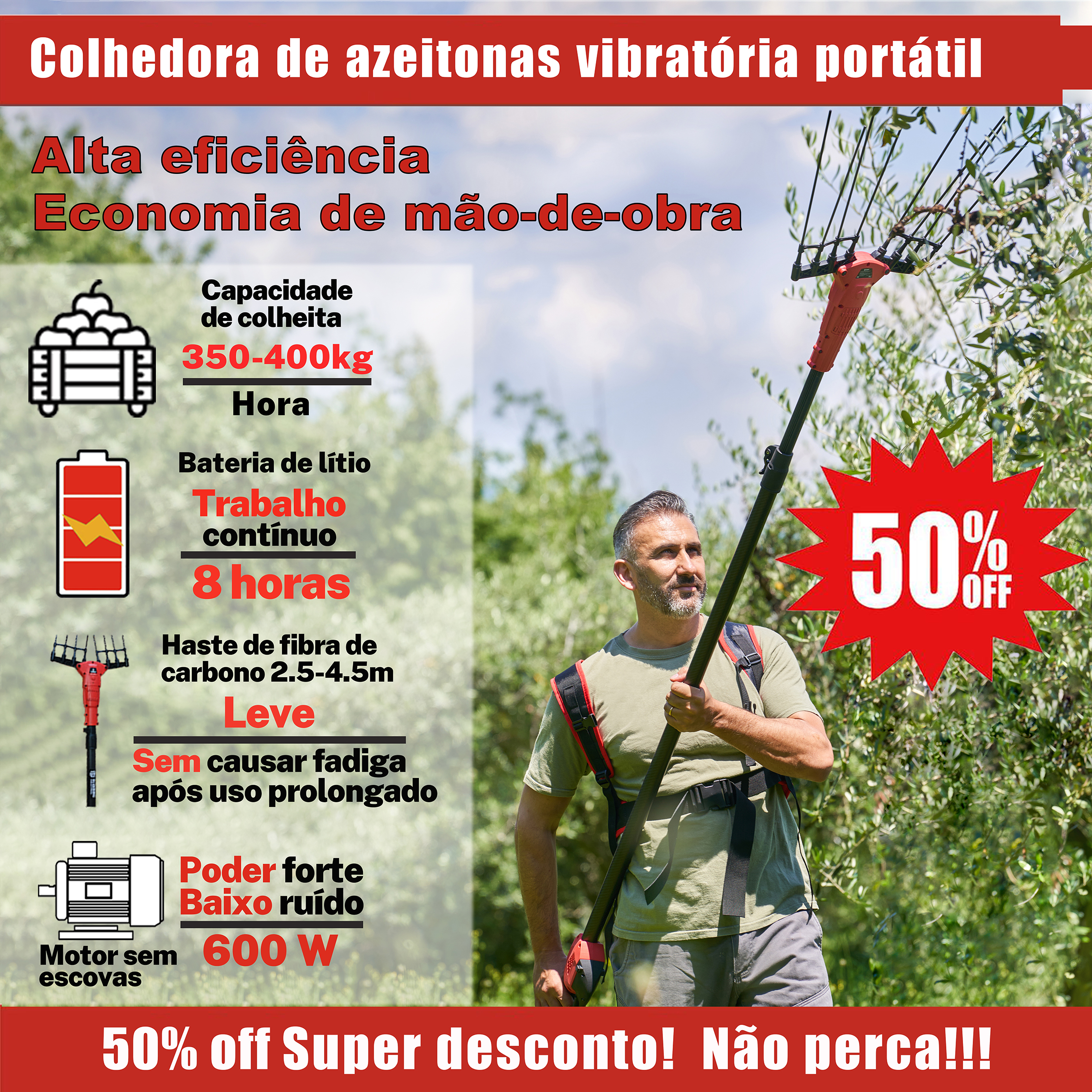 PT_Colhedora portátil de azeitonas vibratória com bateria de iões de lítio, máquina de colheita de fruta que abana a árvore.