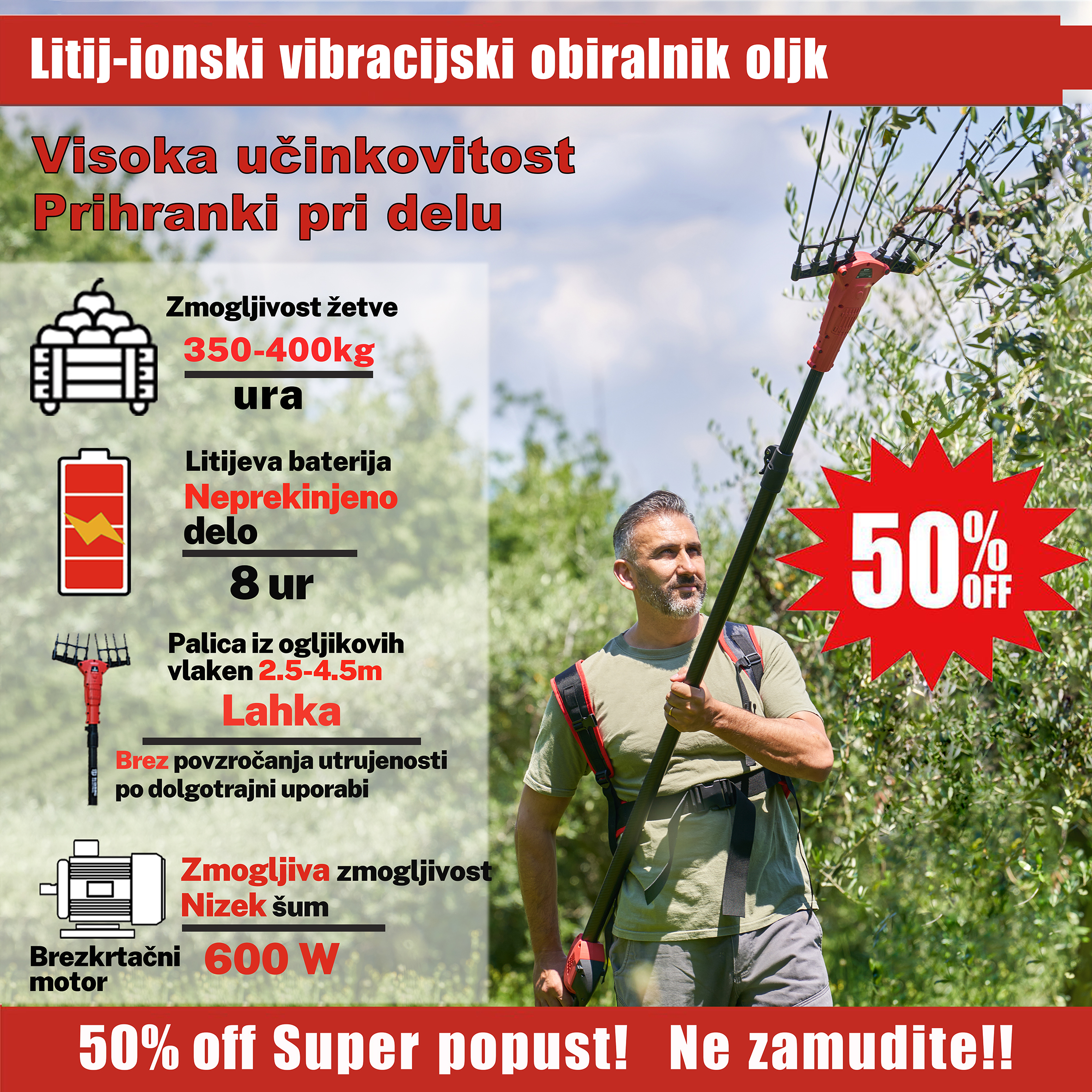 SI_Prenosni litij-ionski vibracijski obiralnik oljk, stroj za obiranje sadja s tresenjem dreves