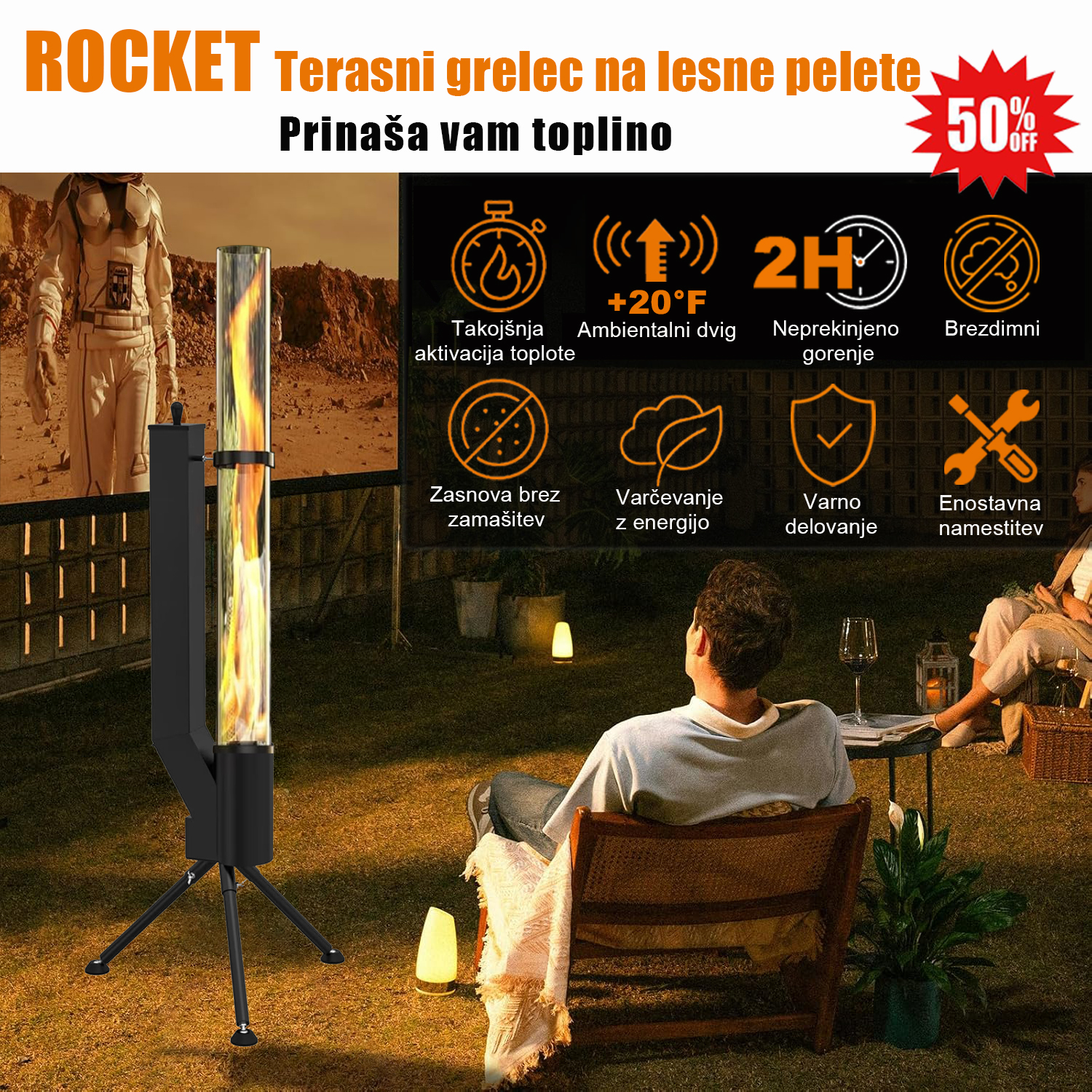 SI_Terasni grelec ROCKET na lesne pelete s stekleno cevjo