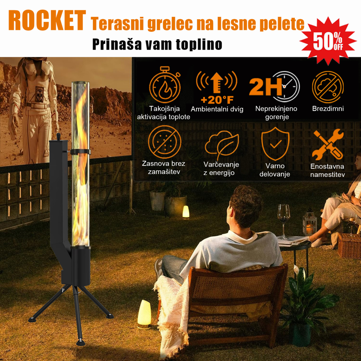 SI_Terasni grelec ROCKET na lesne pelete s stekleno cevjo