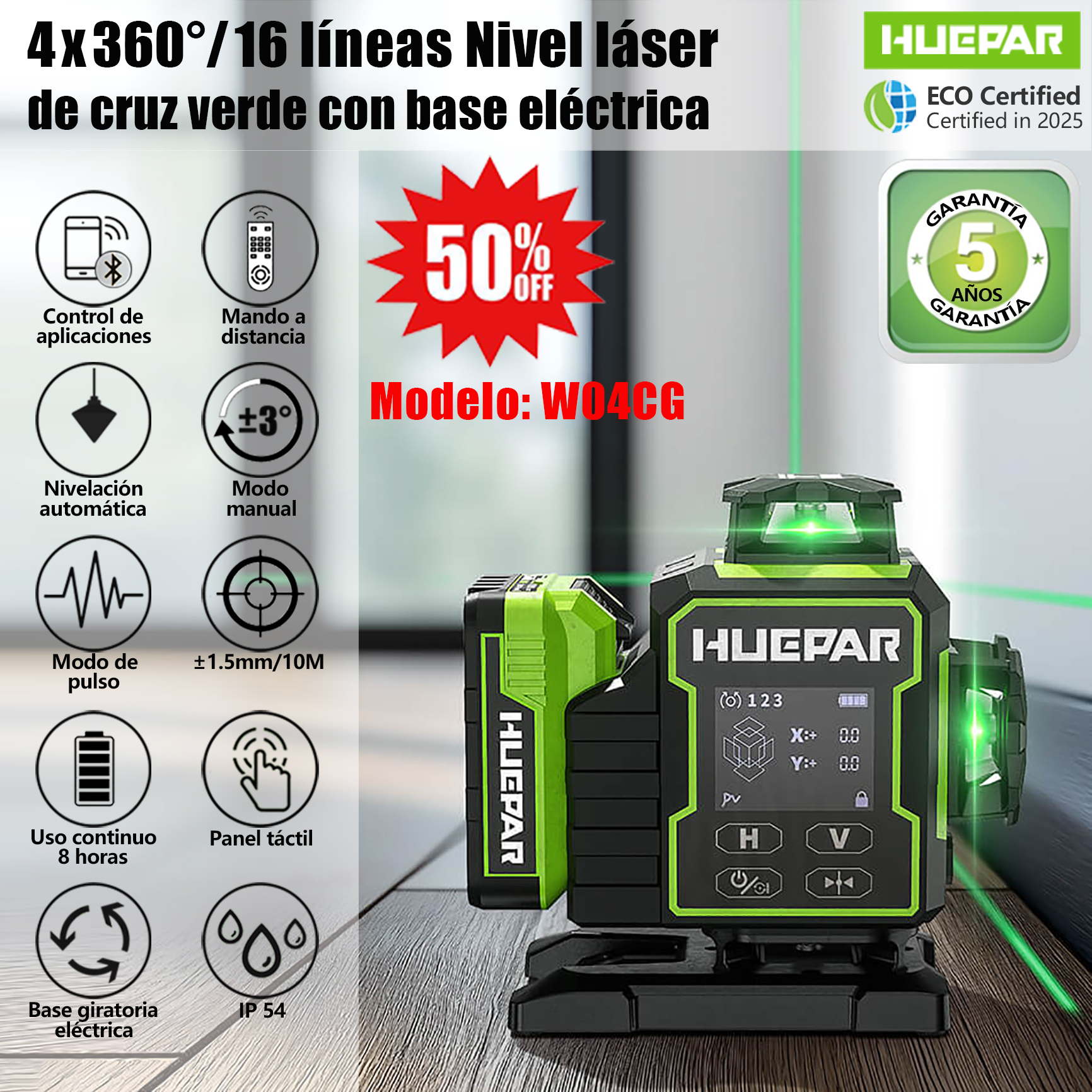 ES_Nivel láser verde de alta precisión con escaneo panorámico de 4x360°/16 líneas y ±1,5 mm/10 m