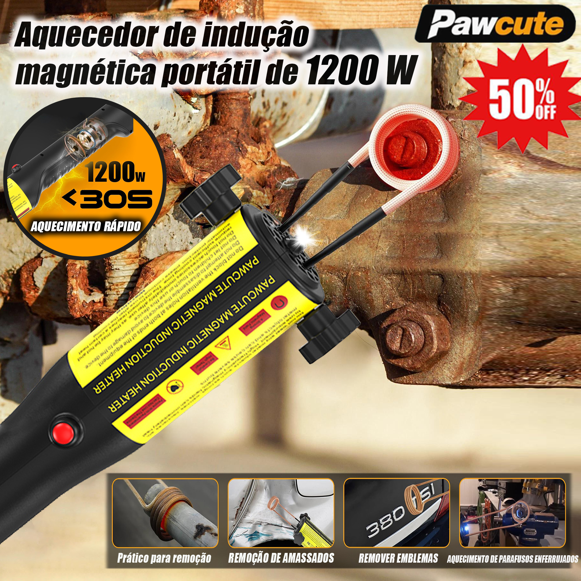PT_Aquecimento rápido em 30 segundos - Aquecedor de indução magnética portátil de alta potência de 1200 W para remoção de porcas e parafusos enferrujados, com bobinas de vários tamanhos.