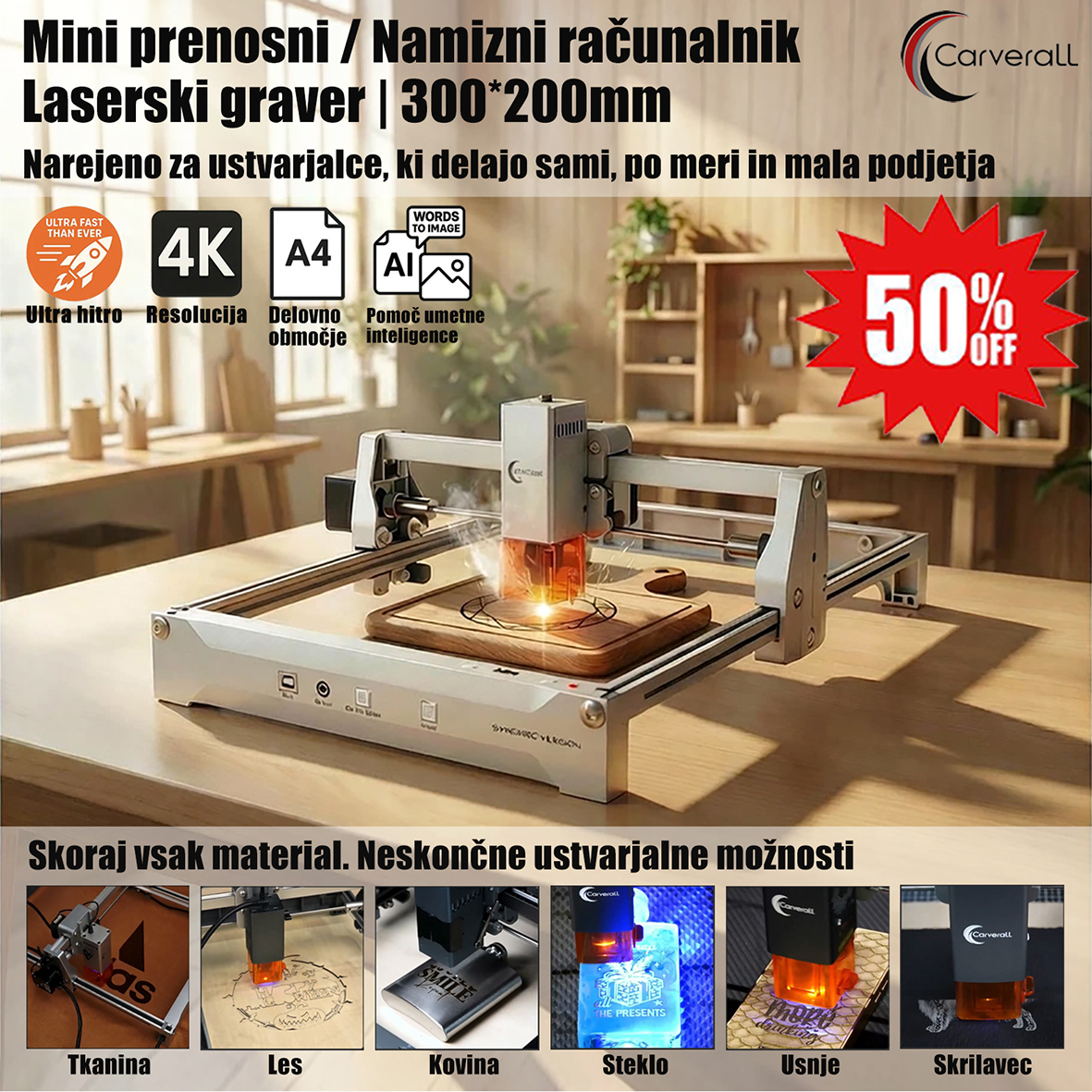 SI_Kompaktni namizni laserski graver s profesionalno natančnostjo za ročno izdelane ustvarjalce, domače mojstre, personalizirana darila in ateljeje po meri