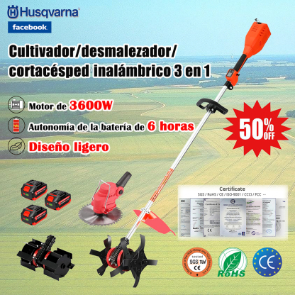 ES_Cultivadora ligera inalámbrica 3 en 1 con batería de iones de litio para labrar, desherbar y cortar césped, ideal para jardines, granjas y huertos.