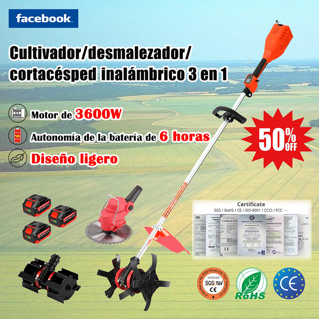 ES_Cultivadora ligera inalámbrica 3 en 1 con batería de iones de litio para labrar, desherbar y cortar césped, ideal para jardines, granjas y huertos.