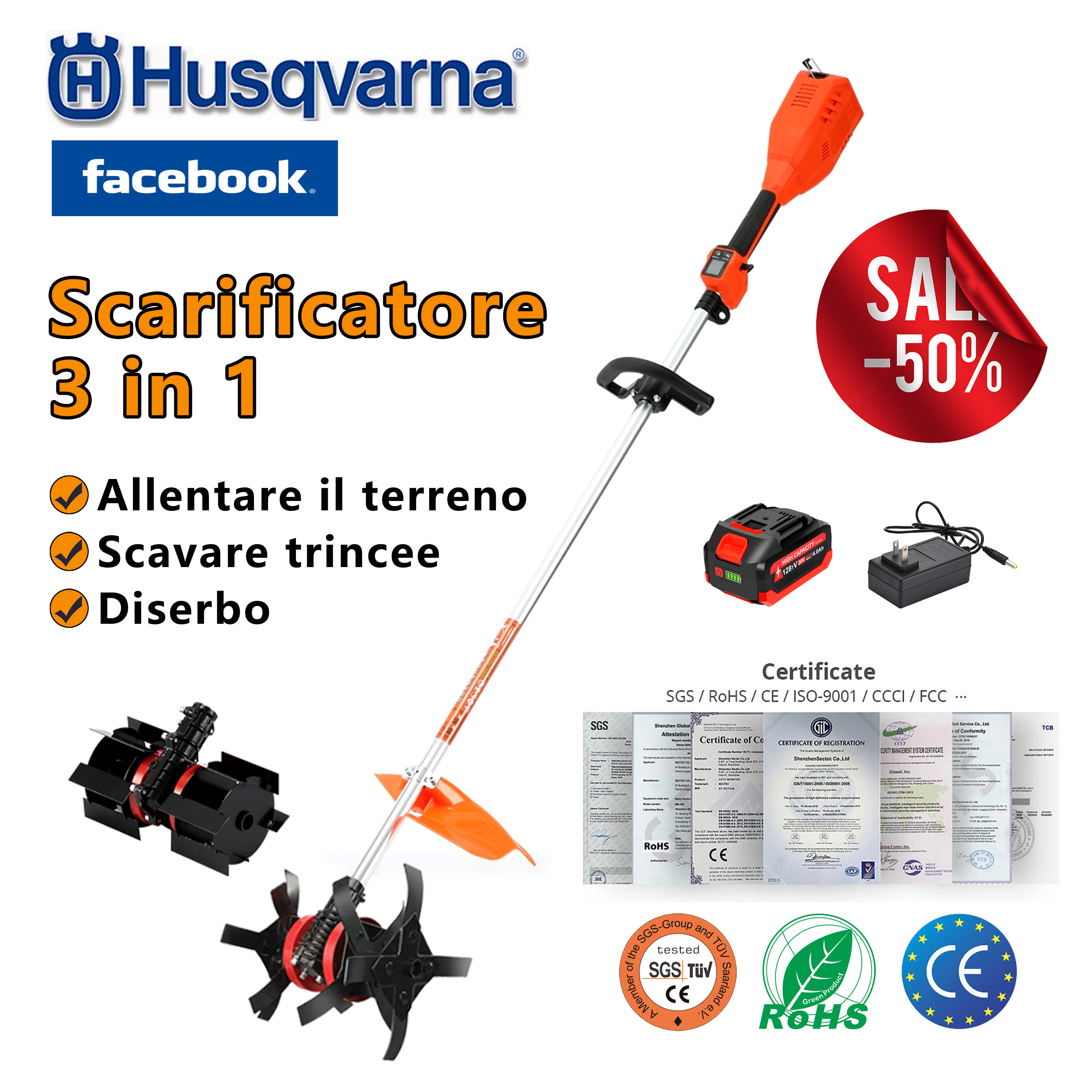 IT-Scarificatore portatile senza fili con batteria al litio, uno strumento da giardinaggio con funzioni 3 in 1 di scarificazione, scavo di trincee e diserbo