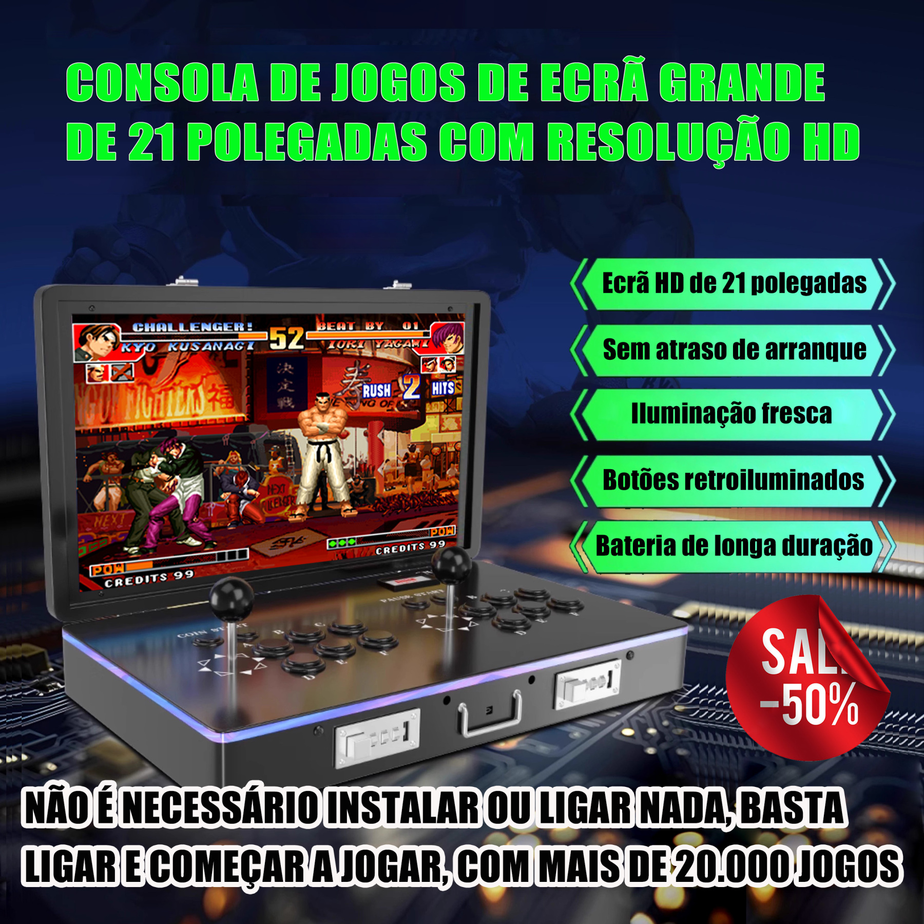 PT1-Consola de jogos arcade clássica portátil dobrável de 21 polegadas com ecrã HD