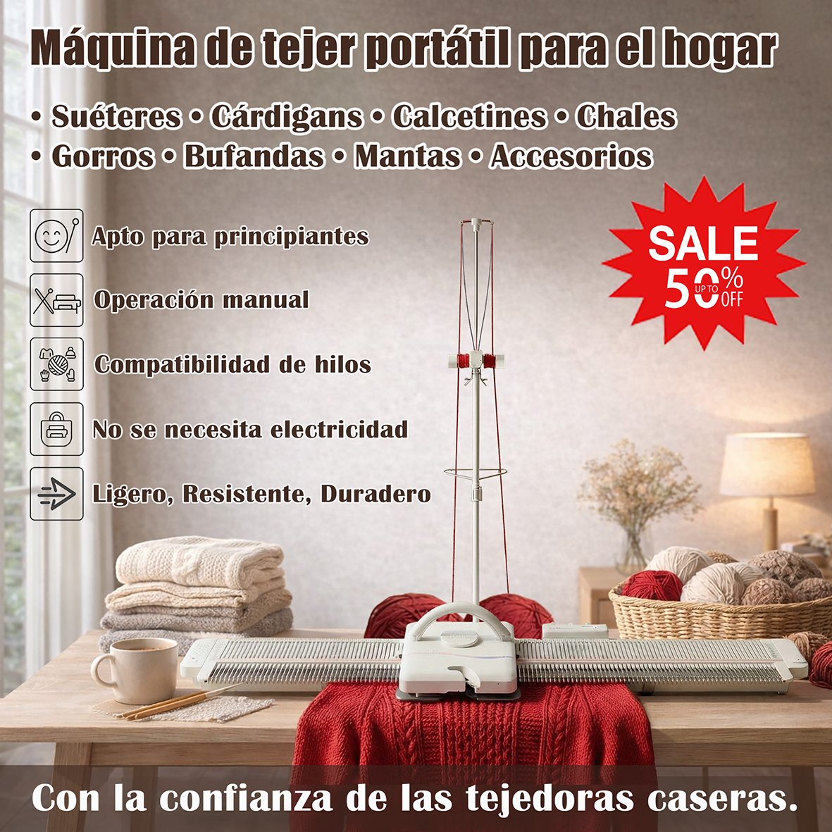PT_Máquina de tricotar portátil para uso doméstico, ideal para tricotar à mão camisolas, cardigans, meias, xailes, gorros, cachecóis, mantas e acessórios. Fácil de utilizar, compatível com vários tipos de fios e não necessita de eletricidade.