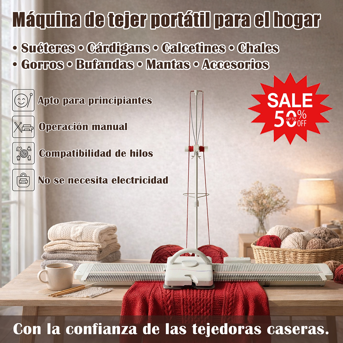 ES_Máquina de tejer portátil para el hogar, ideal para tejer a mano suéteres, cárdigan, calcetines, chales, gorros, bufandas, mantas y accesorios. Fácil de usar para principiantes, compatible con diferentes tipos de hilo y no requiere electricidad.