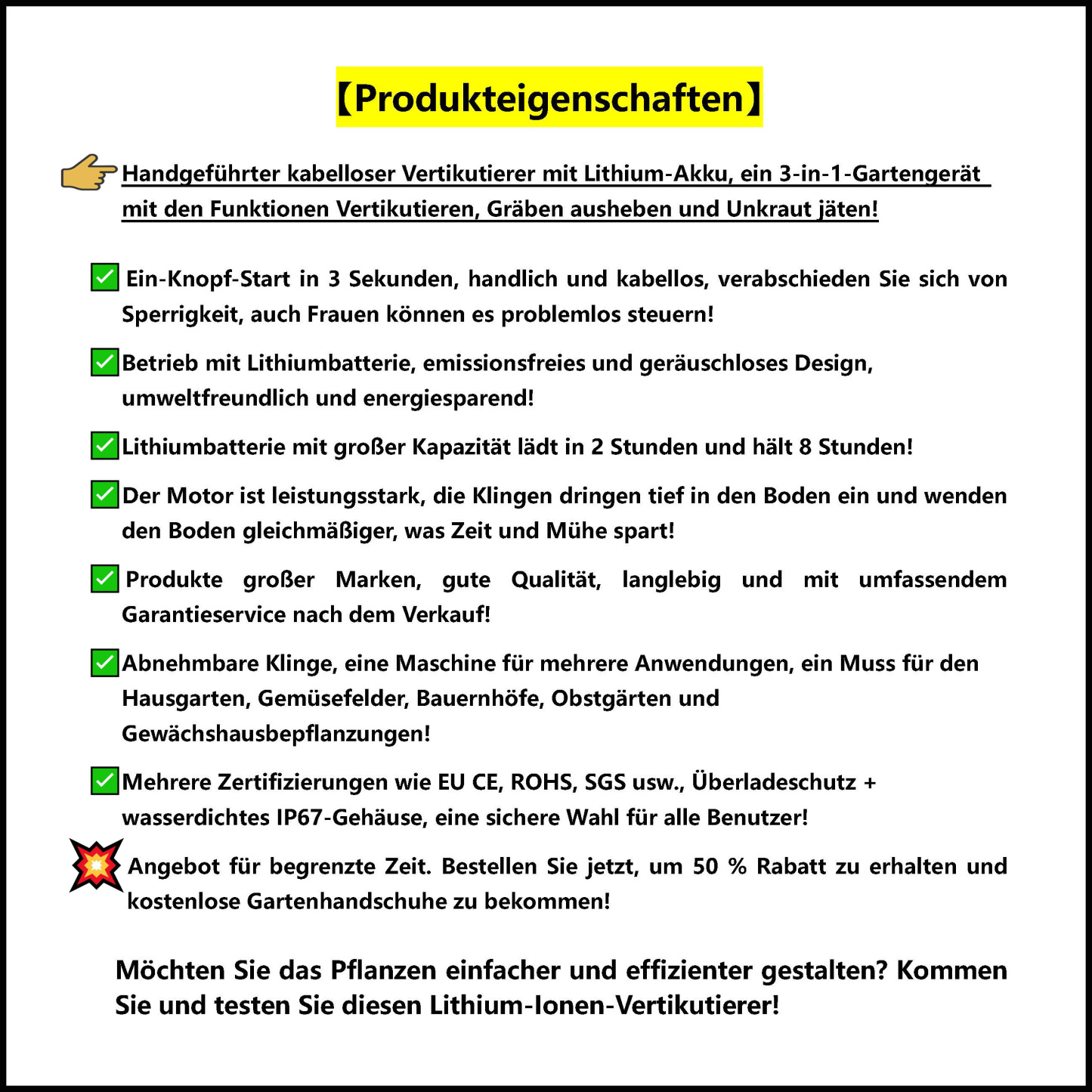 AT-Handgeführter kabelloser Vertikutierer mit Lithium-Akku, ein 3-in-1-Gartengerät mit den Funktionen Vertikutieren, Gräben ausheben und Unkraut jäten!