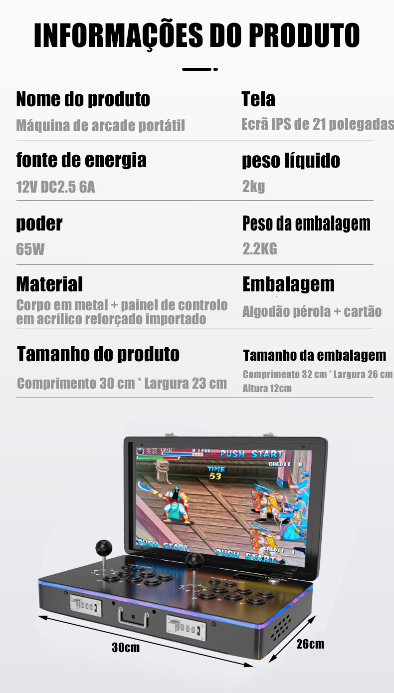 PT-Consola de jogos arcade clássica portátil dobrável de 21 polegadas com ecrã HD
