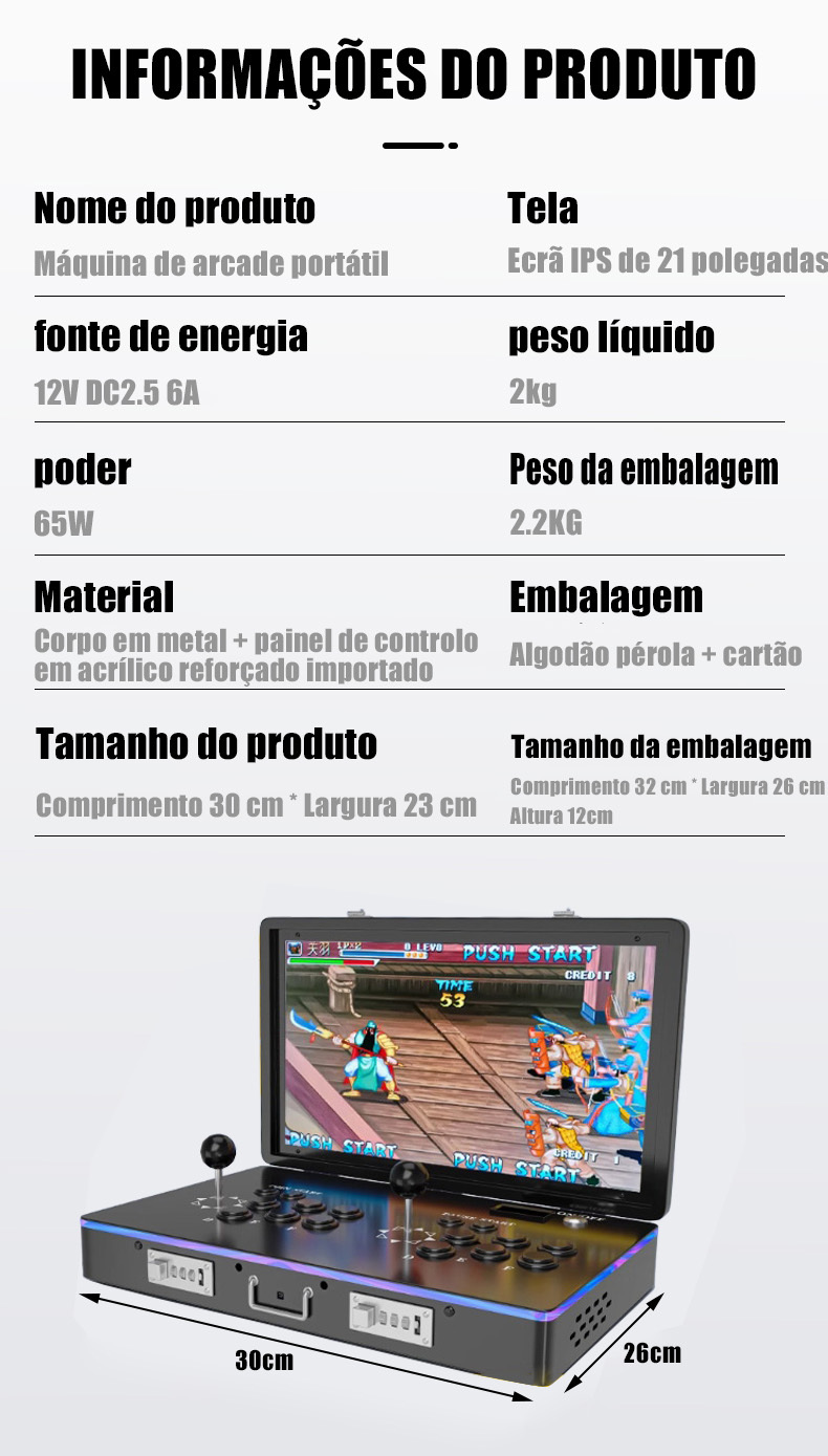 PT-Consola de jogos arcade clássica portátil dobrável de 21 polegadas com ecrã HD