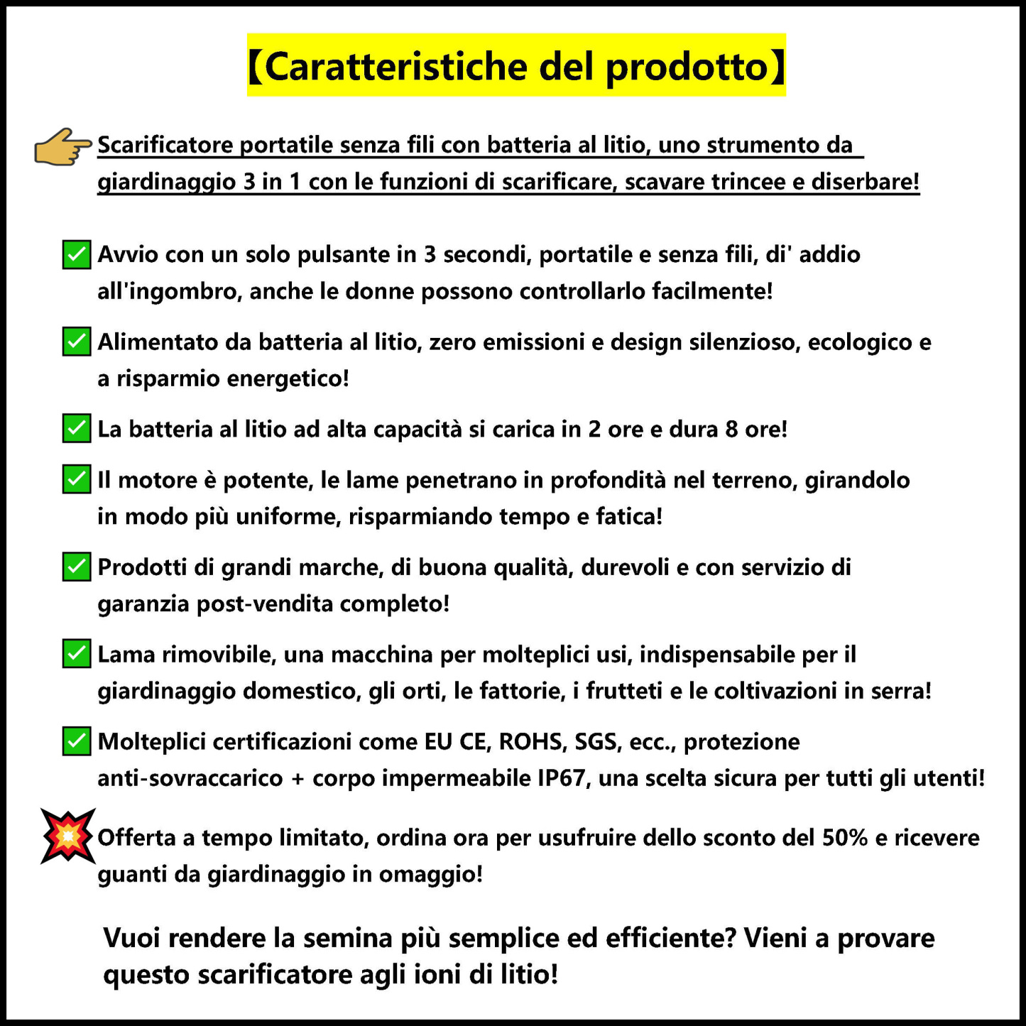 IT-Scarificatore portatile senza fili con batteria al litio, uno strumento da giardinaggio con funzioni 3 in 1 di scarificazione, scavo di trincee e diserbo