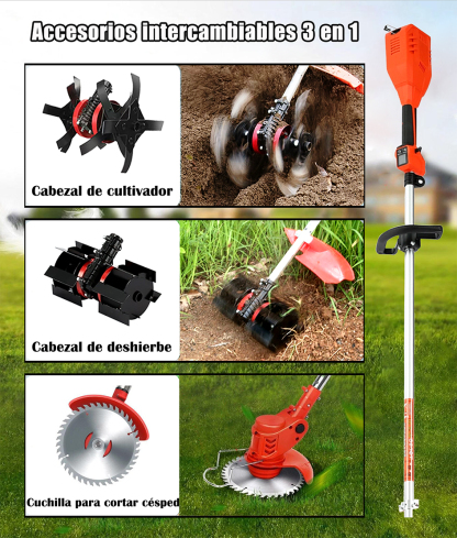 ES_Cultivadora ligera inalámbrica 3 en 1 con batería de iones de litio para labrar, desherbar y cortar césped, ideal para jardines, granjas y huertos.