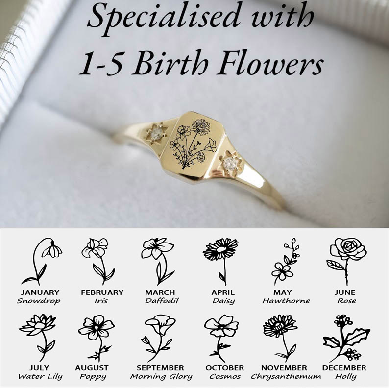 Birth Flower Customized Family Memorial Diamond Ring