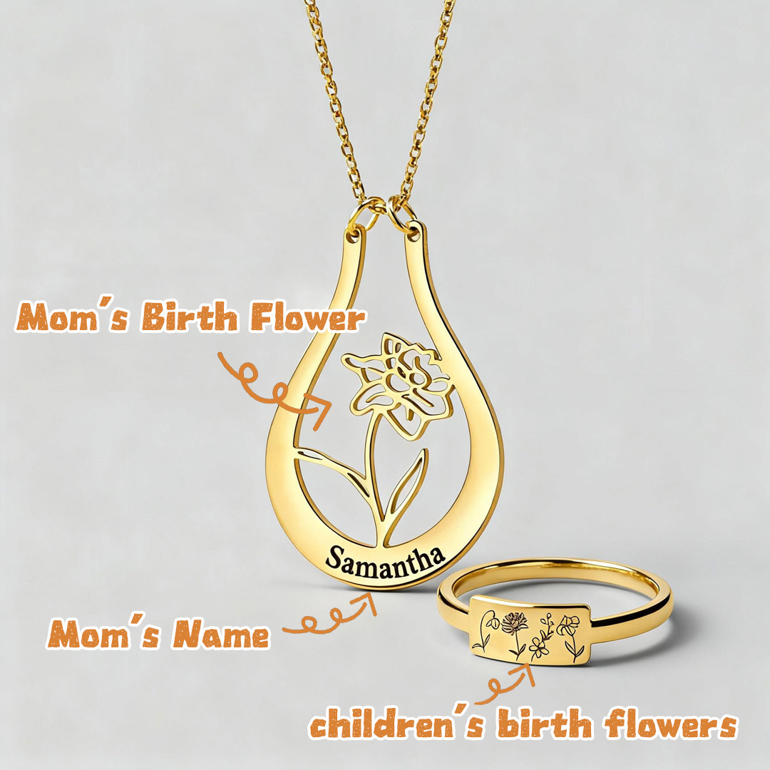 A Mother's Set Personalized Birth Flower Ring Holder Name Necklace