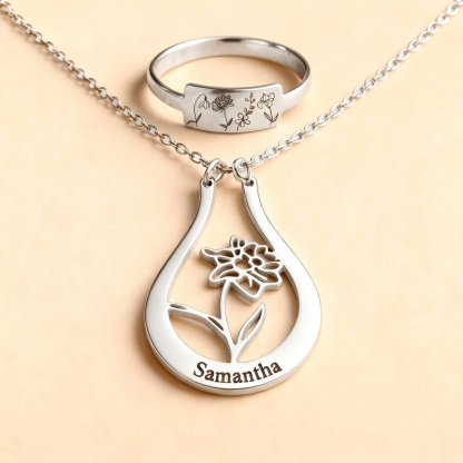 A Mother's Set - 2 in 1 Personalized Birth Flower Ring Holder Name Necklace