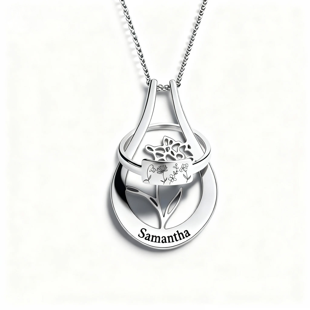 A Mother's Set - 2 in 1 Personalized Birth Flower Ring Holder Name Necklace