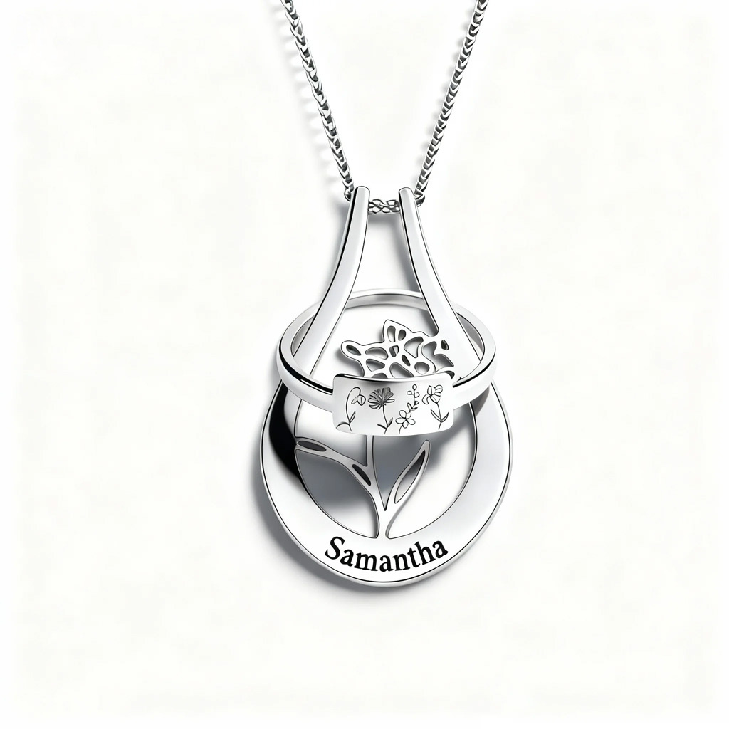A Mother's Set - 2 in 1 Personalized Birth Flower Ring Holder Name Necklace