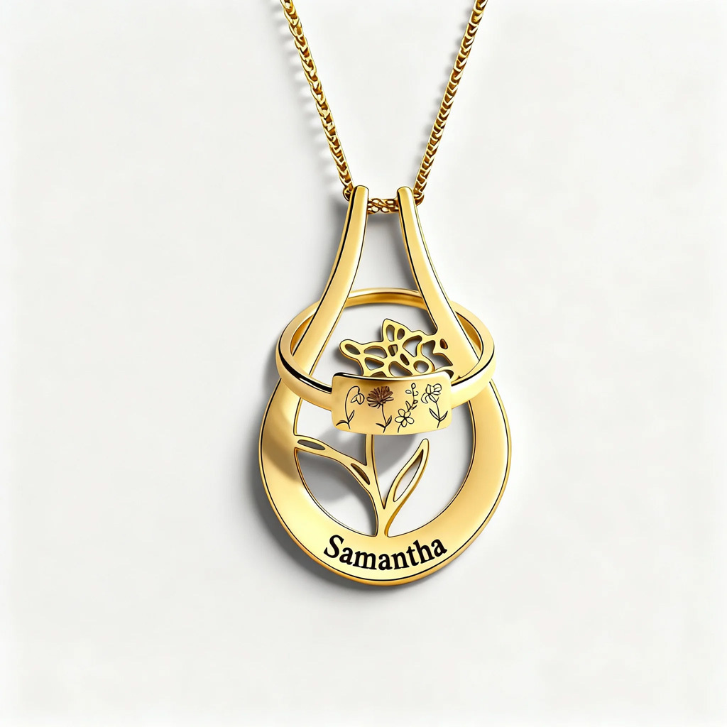 A Mother's Set - 2 in 1 Personalized Birth Flower Ring Holder Name Necklace