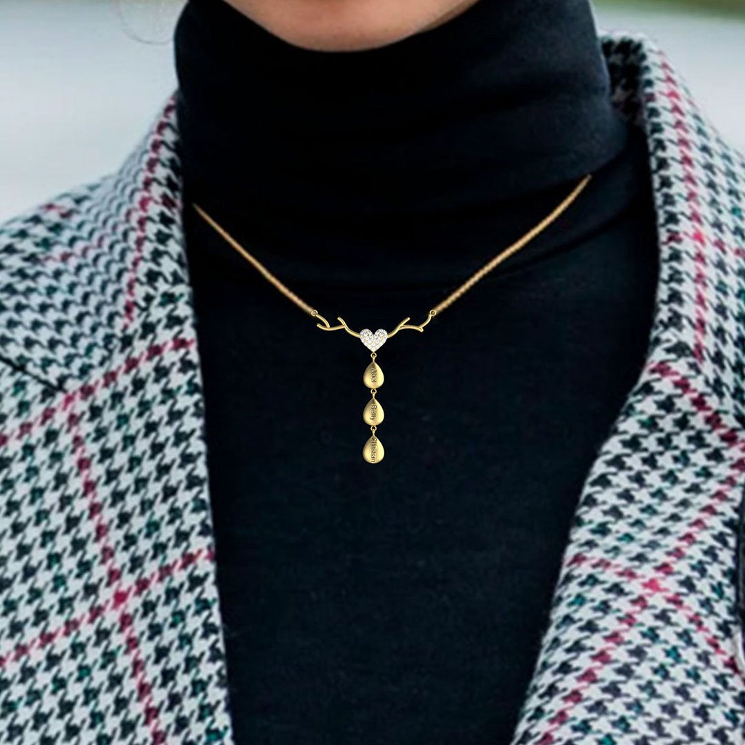 Mother's Day Gift Personalized Antlers Heart Drop Pendant Necklace-Engravingift