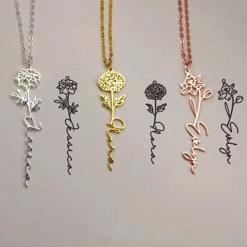 Personalized Name Necklace Birth Flower Custom Family Jewelry Mom's Gift