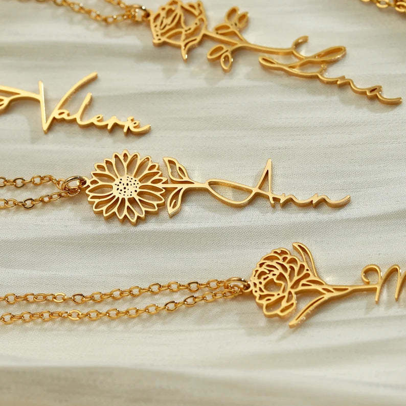 Personalized Name Necklace Birth Flower Custom Family Jewelry Mom's Gift