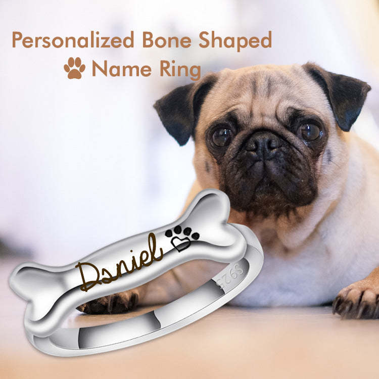 925 Sterling Silver Name Engraved Ear & Bone Shaped Pet Ring
