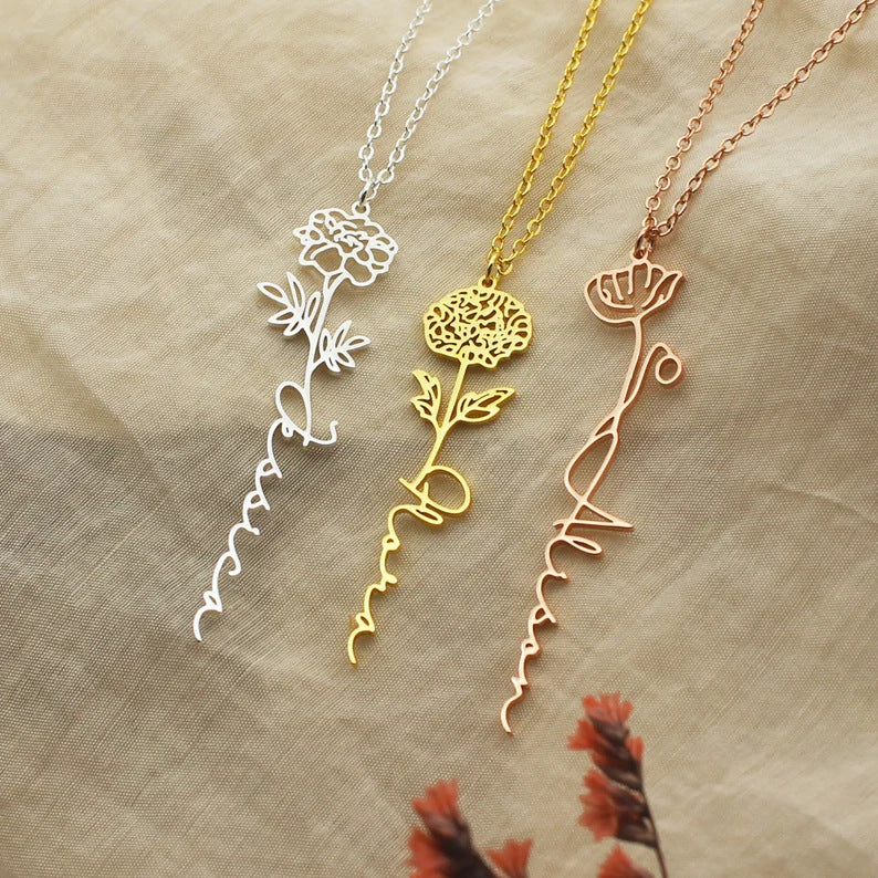 Personalized Name Necklace Birth Flower Custom Family Jewelry Mom's Gift