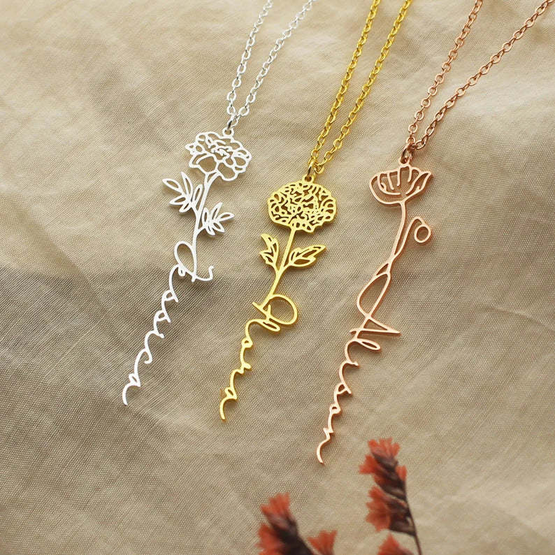 Personalized Name Necklace Birth Flower Custom Family Jewelry Mom's Gift