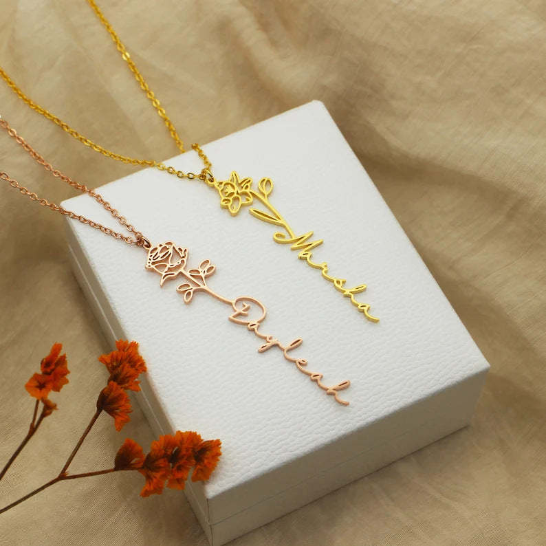 Personalized Name Necklace Birth Flower Custom Family Jewelry Mom's Gift