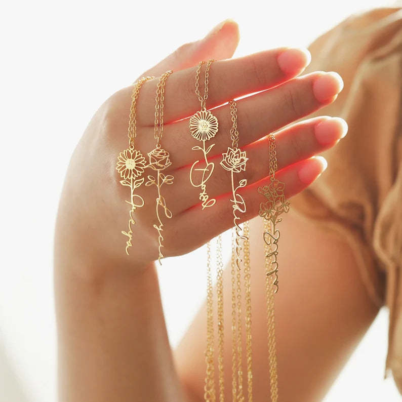 Personalized Name Necklace Birth Flower Custom Family Jewelry Mom's Gift