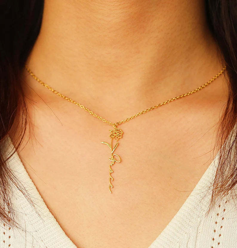 Personalized Name Necklace Birth Flower Custom Family Jewelry Mom's Gift