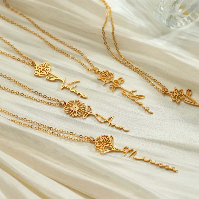 Personalized Name Necklace Birth Flower Custom Family Jewelry Mom's Gift