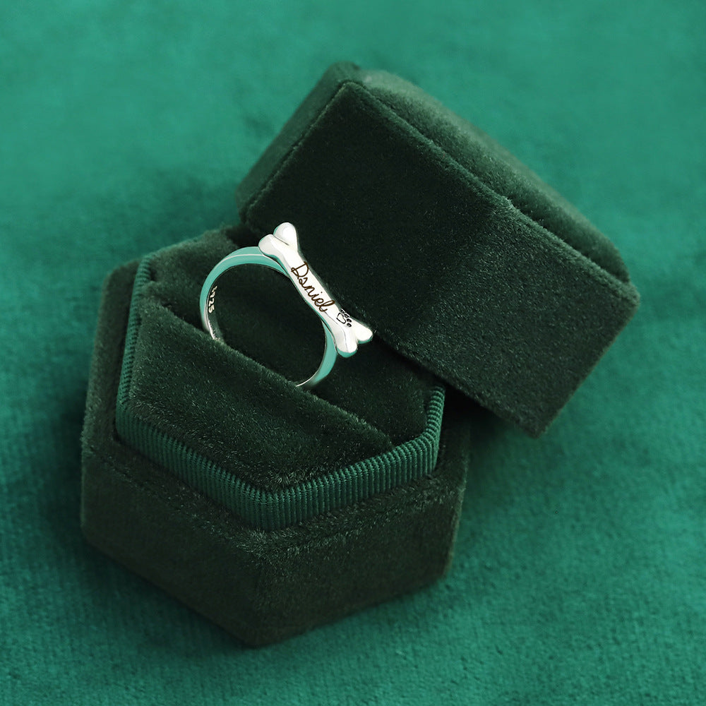 925 Sterling Silver Name Engraved Ear & Bone Shaped Pet Ring