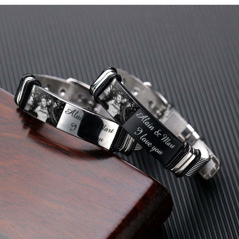 Christmas Gift Personalized Men Photo Bracelet Engraved ID Bar Bracelet