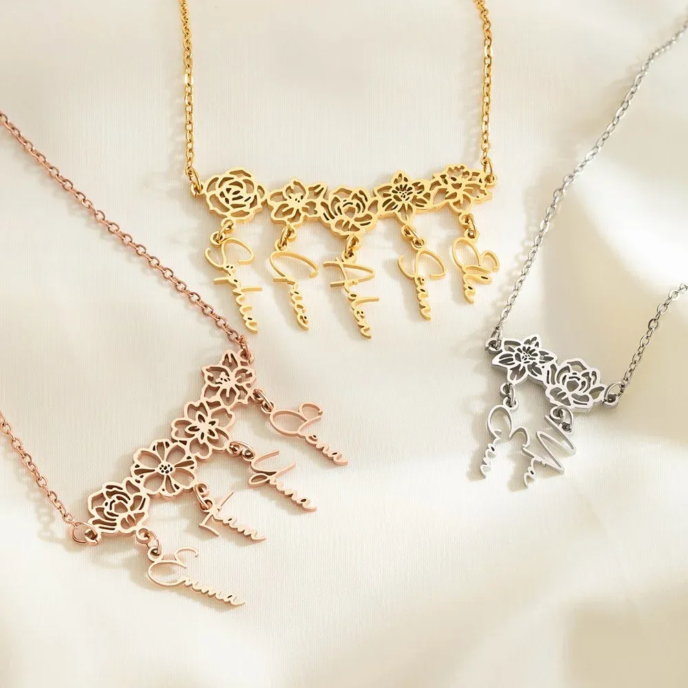 Custom Birth Flower Name Necklace