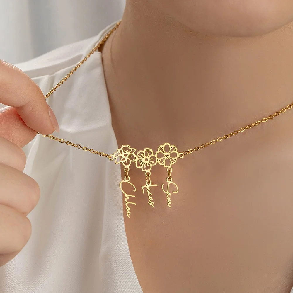 Custom Birth Flower Name Necklace