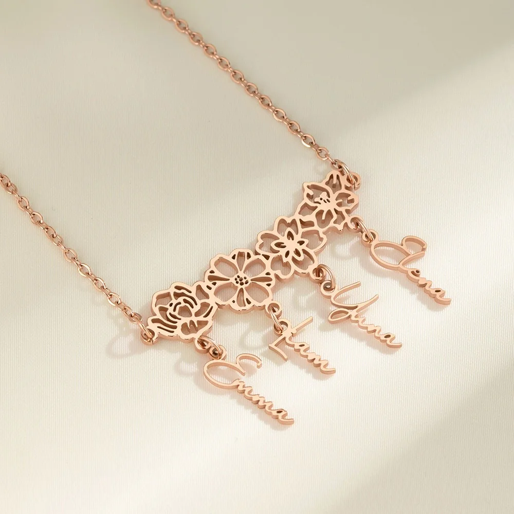 Custom Birth Flower Name Necklace