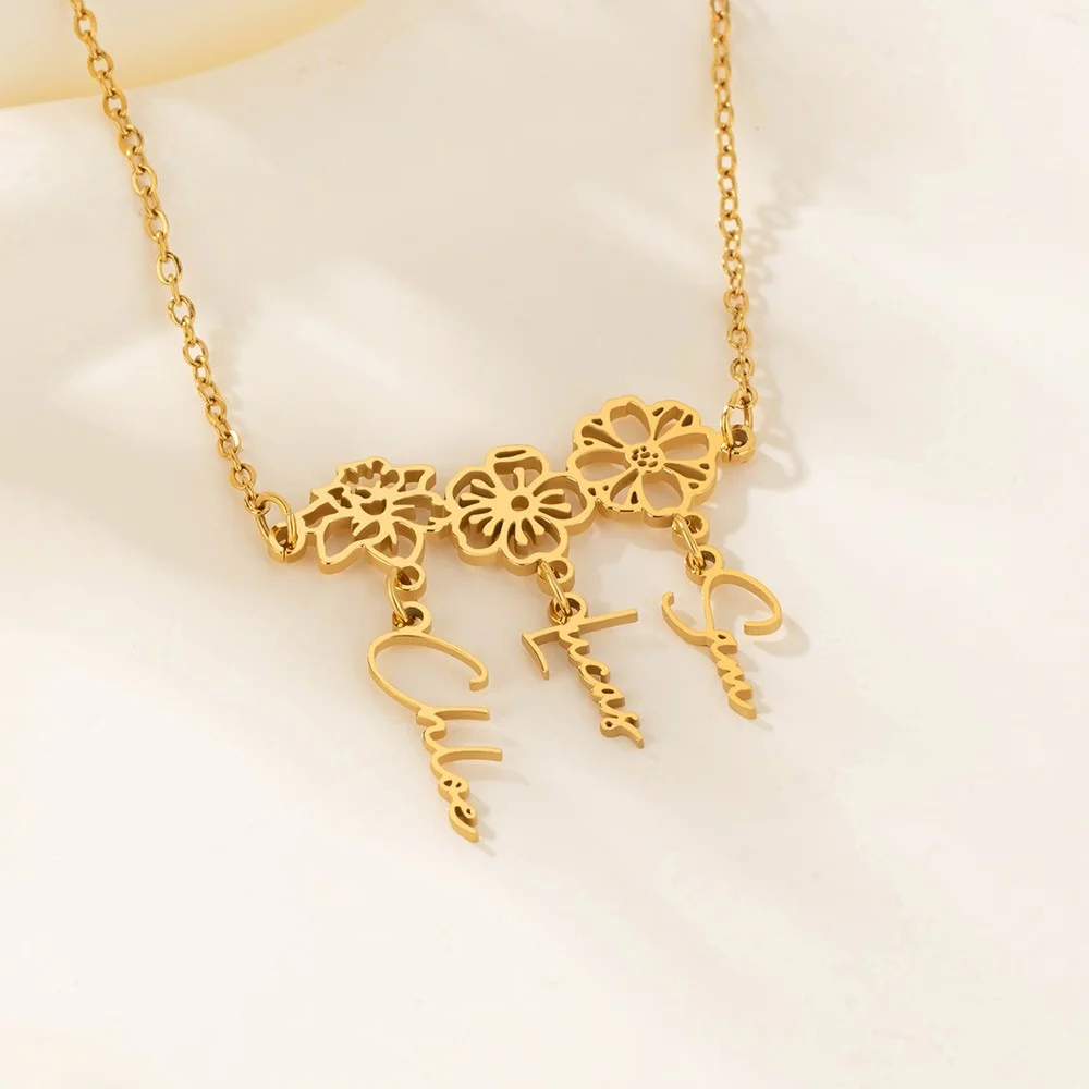 Custom Birth Flower Name Necklace